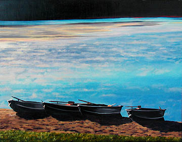 Kat O'Connor boats lake morning Ridin' Hy Lake Warren oil painting