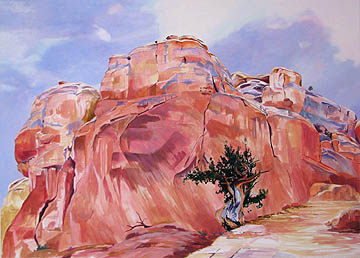 Kat O'Connor New Mexico juniper tree rocks Ghost Ranch gouache painting