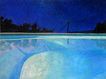 Kat O'Connor night pool Greece acrylic painting