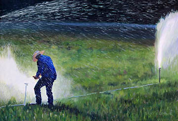 Kat O'Connor cowboy irrigating alfalfa oil painting