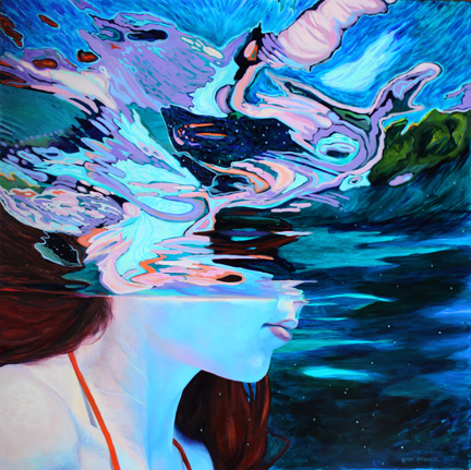 Kat O'Connor Acrylic and Oil on Aluminum Composite Panel Woman with water reflection about lips that looks like an abstract crown