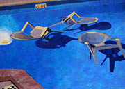 Kat O'Connor hurrican preparations chairs in pool Homestead Florida acrylic painting