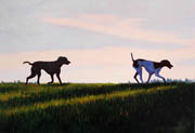 Kat O'Connor dogs field sunset silhouette oil painting