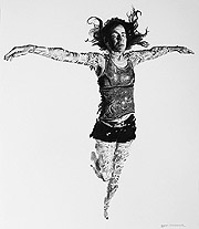 Kat O'Connor black and white drawing figure floating on a white ground