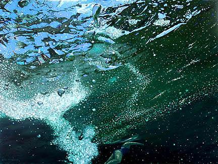 Bubbles, figure, dark water, oil on wood panel, oil painting