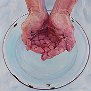 Kat O'Connor, painting of hands holding water over a bowl