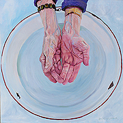 Kat O'Connor, painting of hands holding water over a bowl